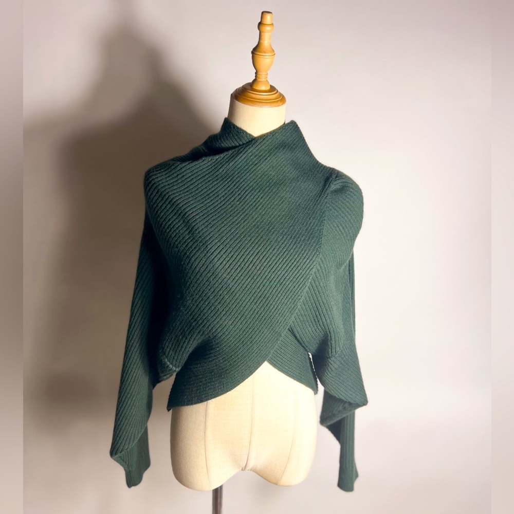 ASTR Cross Over High Neck Cropped Ribbed Knit Teal Sweater Wool Blend Small